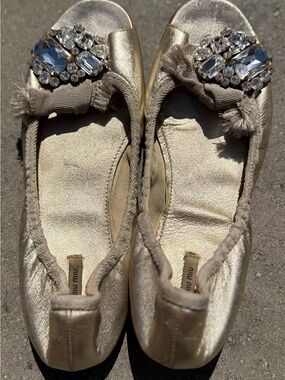 Miu Miu Metallic Gold Jeweled Bow Ballet Flats